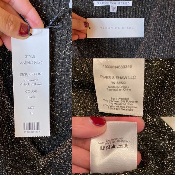 VERONICA BEARD Esmeralda Ribbed Sweater Black Metallic Peplum V-Neck Pullover XS - Picture 9 of 12